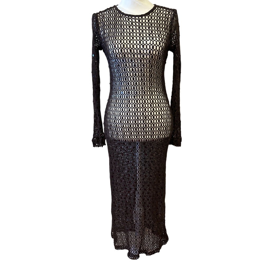 Walter Baker Coco Maxi Dress Sz S Brown Open Crochet‎ Sequin Resort Cruise Event